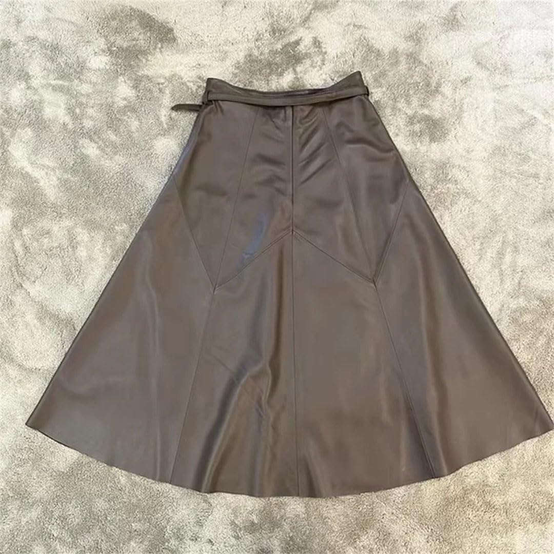 Alloaone Falda De Cuero De Corte A para Mujer Falda Midi De Piel De Oveja De Invierno con Cinturón