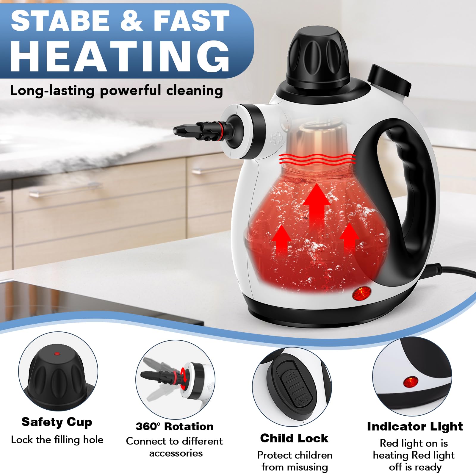 KLONA Handheld Steam Cleaner, Steam Cleaner for Home with 10 Accessory Kit, Multipurpose Portable Upholstery Steamer Cleaning with Safety Lock to Remove Grime, Grease. — view 7