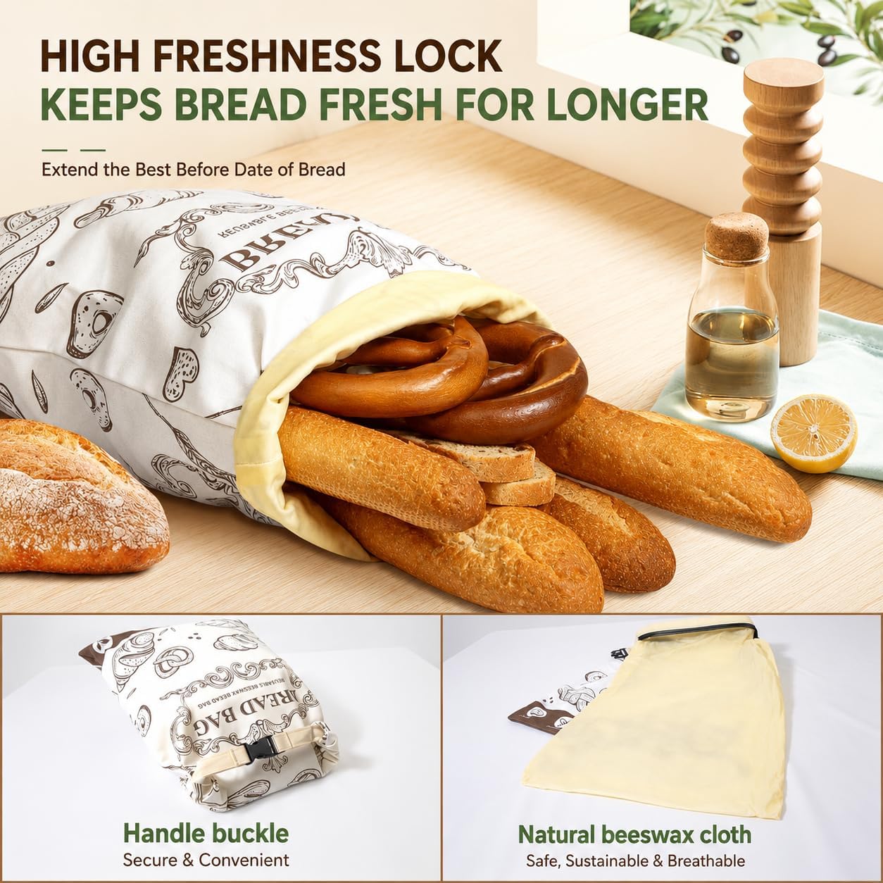 Beeswax Bread Bag - Reusable Bread Storage Bag Wrap for Artisan Sourdough & Homemade Loaves, with Natural Beeswax Infused Organic Cotton, Non-Toxic Eco-Friendly Wax Lined Bags, (2 Pack, White) image 4
