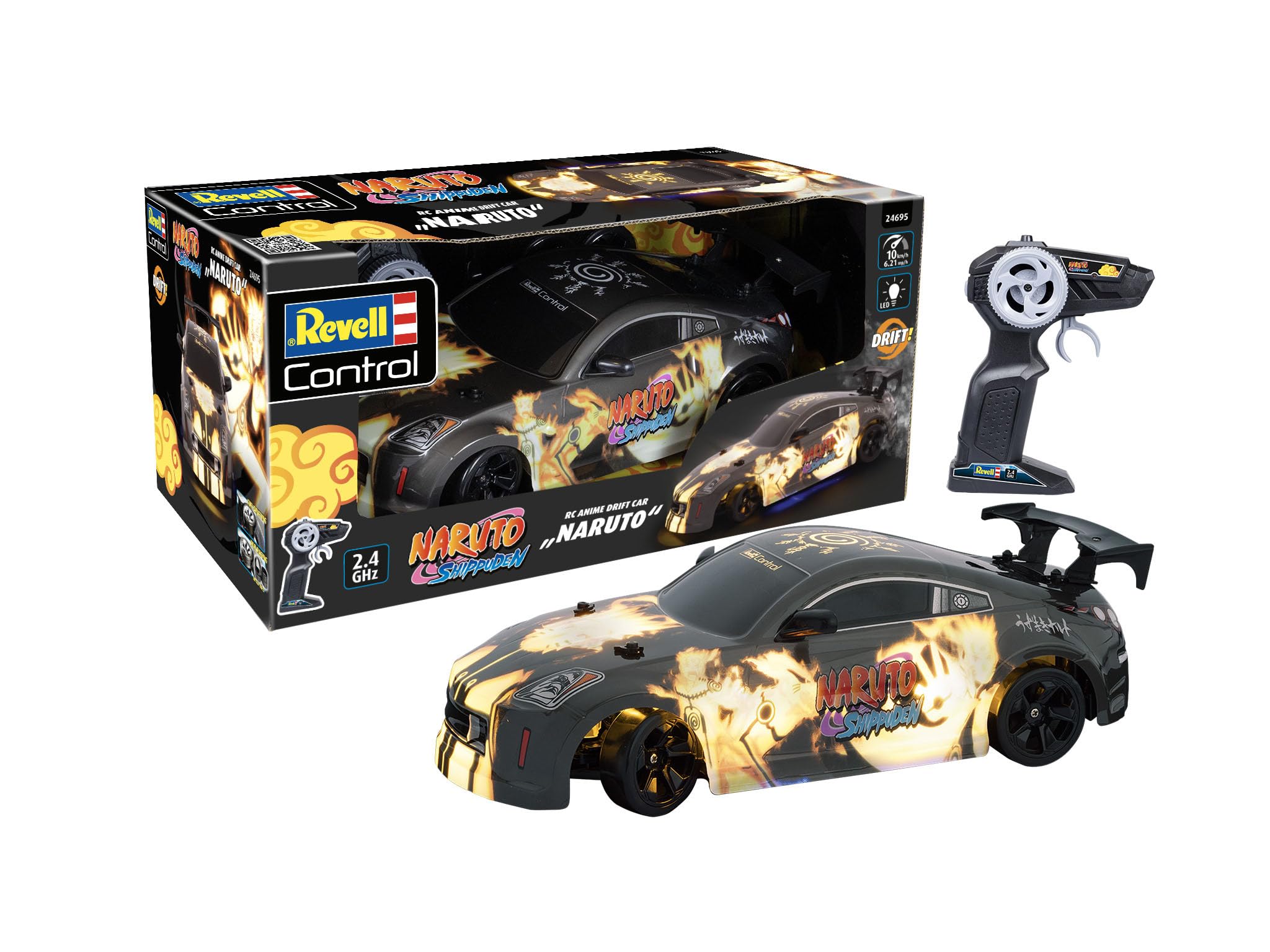 Revell Control 24695 RC Anime Drift Car Naruto mit präziser 2,4 GHz Steuerung, atemberaubende Underglow LED-Beleuchtung, Allradantrieb, Maßstab 1:18, 31,5 cm Länge