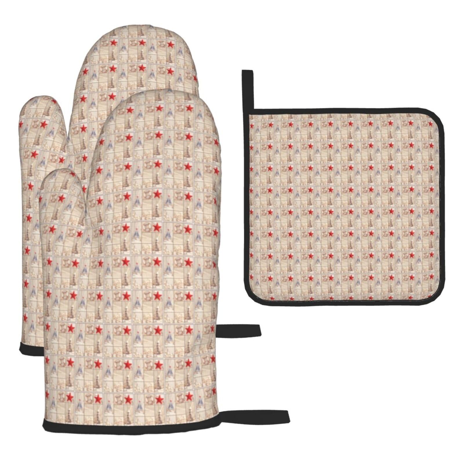 Boat Beach Starfish Shell Print Oven Mitts Kitchen Gloves Set Everyday Baking Grilling Microwaving Cooking Gift