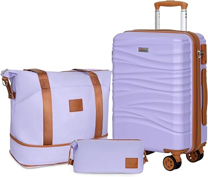Romswi Expandable 22x14x9 Airline Approved 21" Carry On Luggage Set,Hardside 3PCS Carry On Suitcase Set ABS+PC Suitcase with Duffel Bags, Dual Spinner Wheels TSA Lock Purple