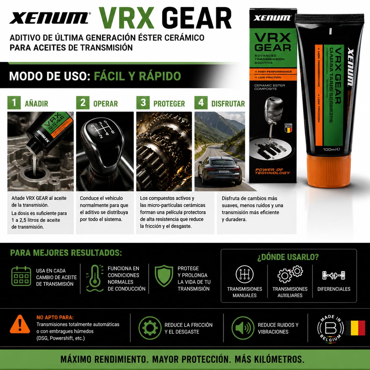 Xenum VRX Gear Aditivo Cerámico para Aceite de Transmisión 100 ml | Reduce Fricción, Ruido y Desgaste | Cambios Más Suaves | Para Cajas Manuales, Auxiliares y Diferenciales