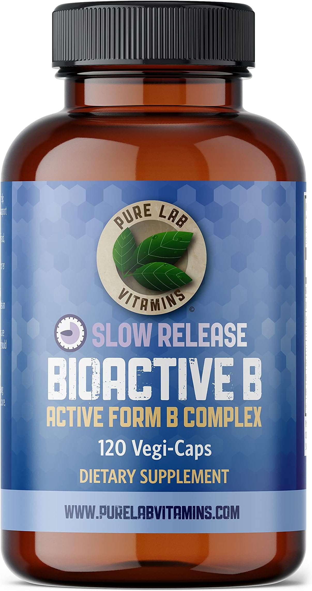 Bioactive B Complex - 120 Vegan Caps Slow Release Formula (B1, B2, B3, B5, B6, B7, B9, B12) - 60 Days Supply, Gluten & Sugar Free Made in Canada