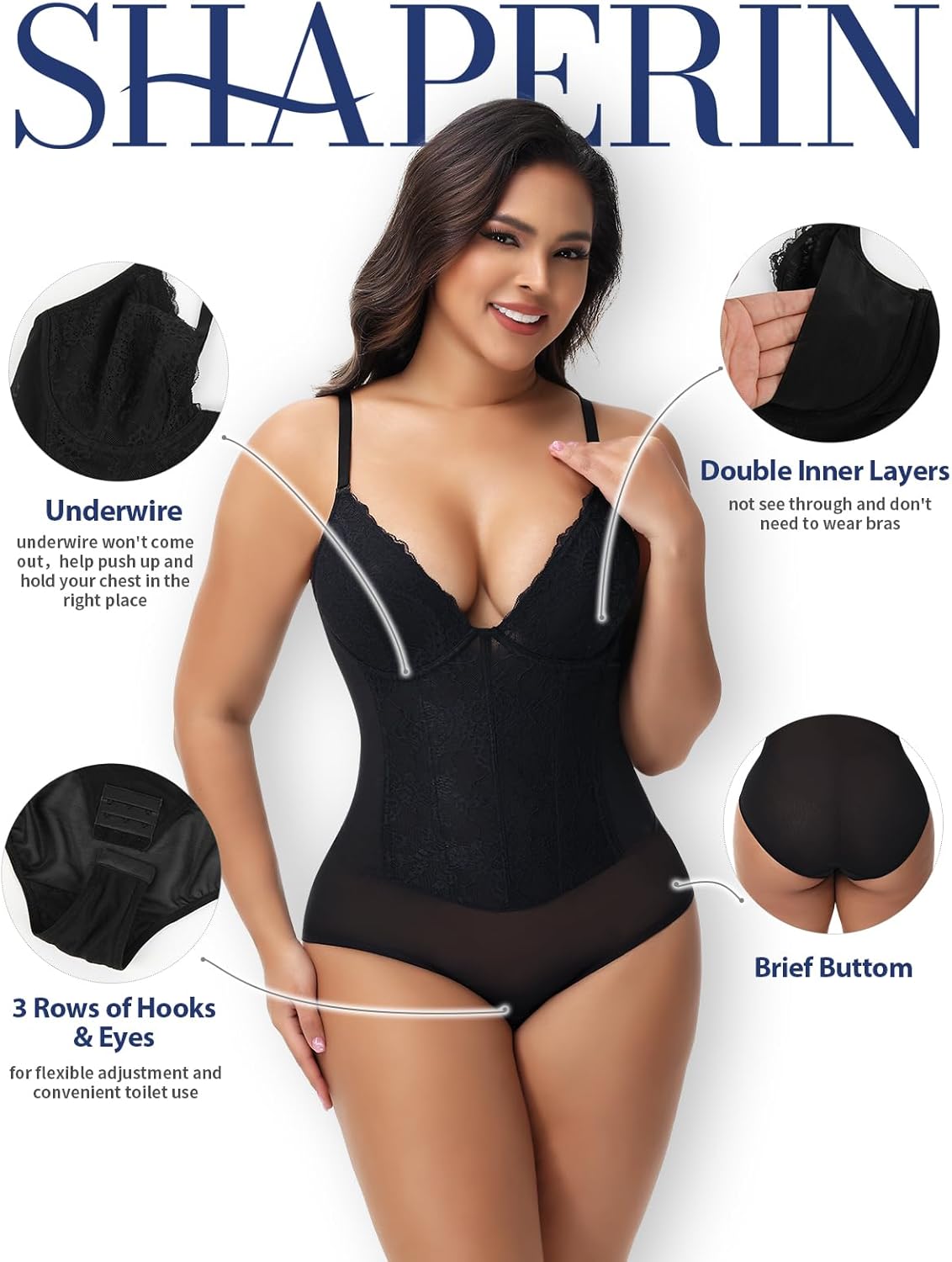 SHAPERIN Sexy Lace Shapewear Bodysuit for Women Tummy Control Body Suit Corset Bustier Top Body Shaper - Image 2
