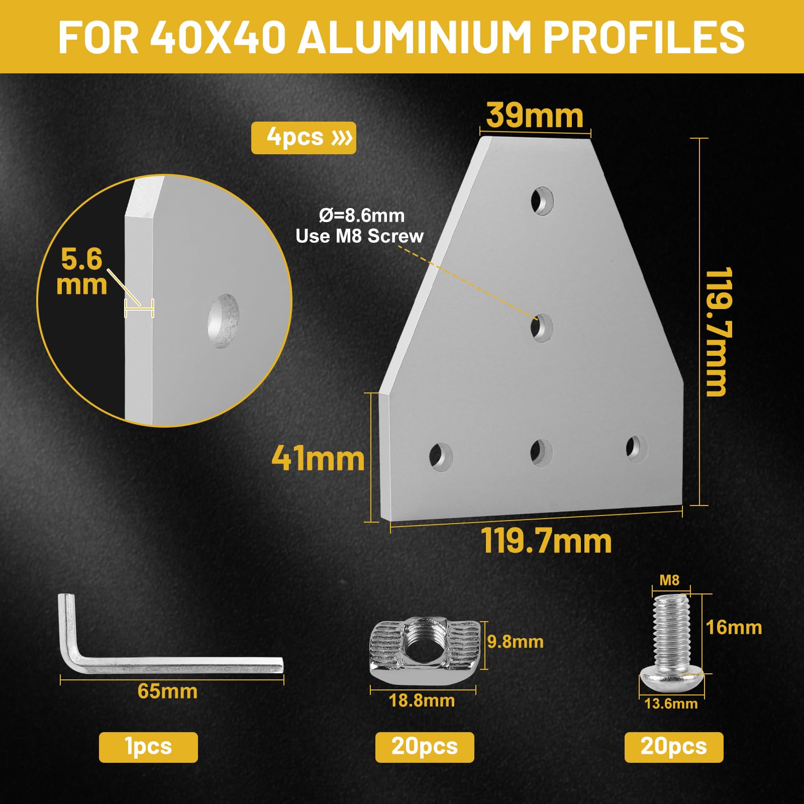 EXLECO 4er Eckhalterung Verbindungsplatte Aluprofil 40x40 Eckhalterungsplatte Eckwinkelplatte Außenprofil T Profil Aluminium mit Muttern Schrauben Schraubenschlüssel für 9mm Schlitz Aluminiumprofil