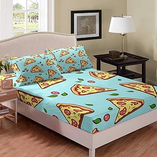 Kids Cartoon Pizza Bed Sheet Set Teens Modern Boho Fitted Sheet for Kids Adult Soft Green Yellow Pizza Bed Sheet Set Bed Cover Room Decor Twin Size