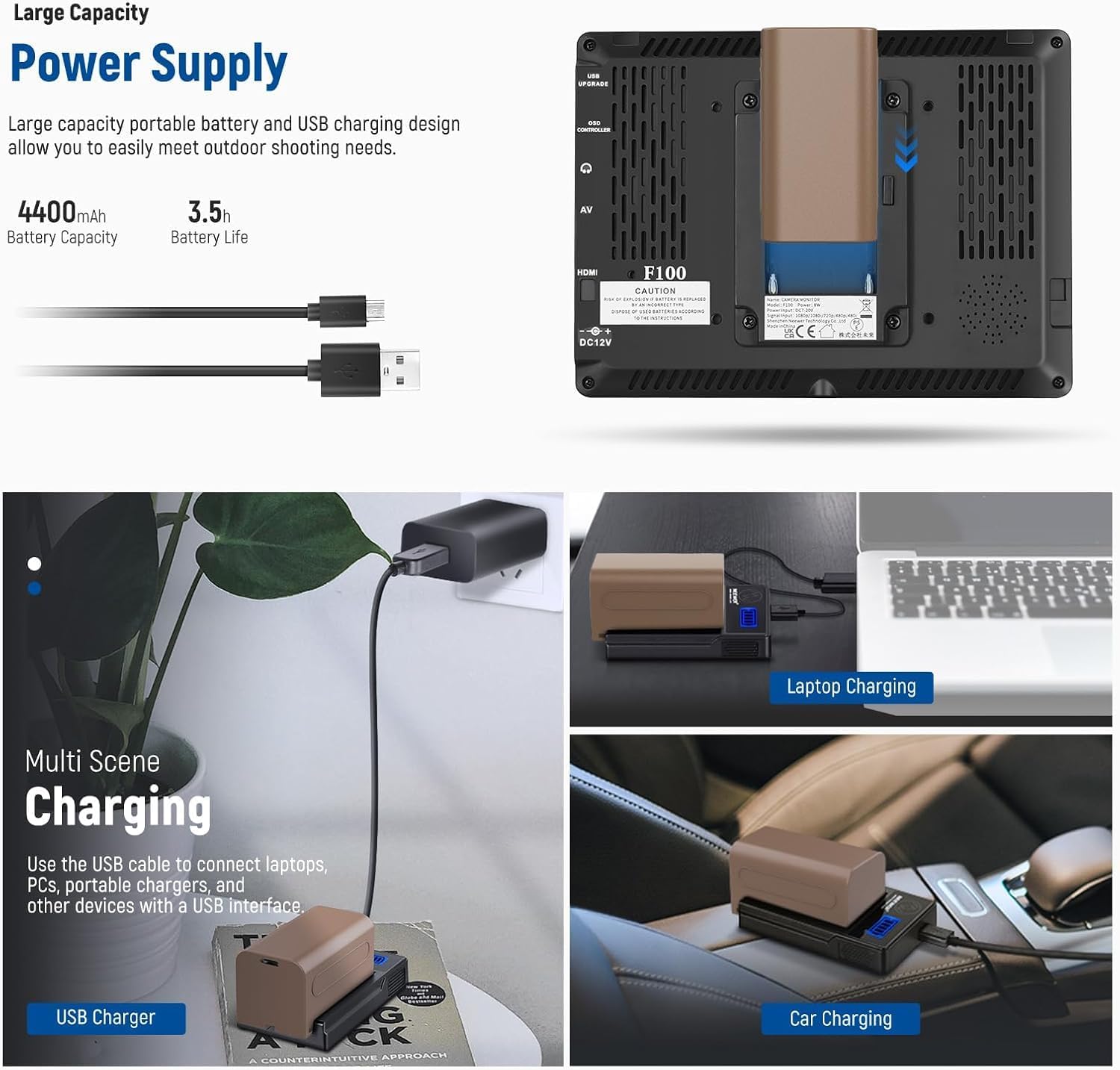 NEEWER F100 7" Camera Field Monitor Updated Version, 450nit HD Video Assist IPS 1280x800 HDMI 1080p Peak Focus Histogram, F750 Battery, 360° Ball Head for DSLRs Handheld Stabilizer Film Making Rig
