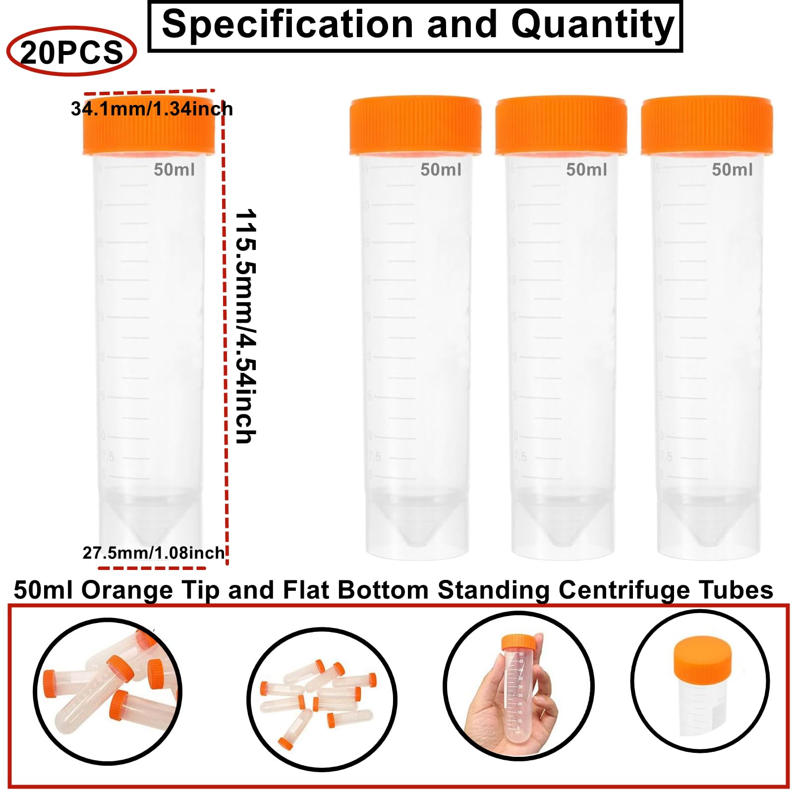 Tubo de ensayo de plástico 50 ml, transparente con tapa naranja, fondo cónico/plano, graduado para experimentos de química