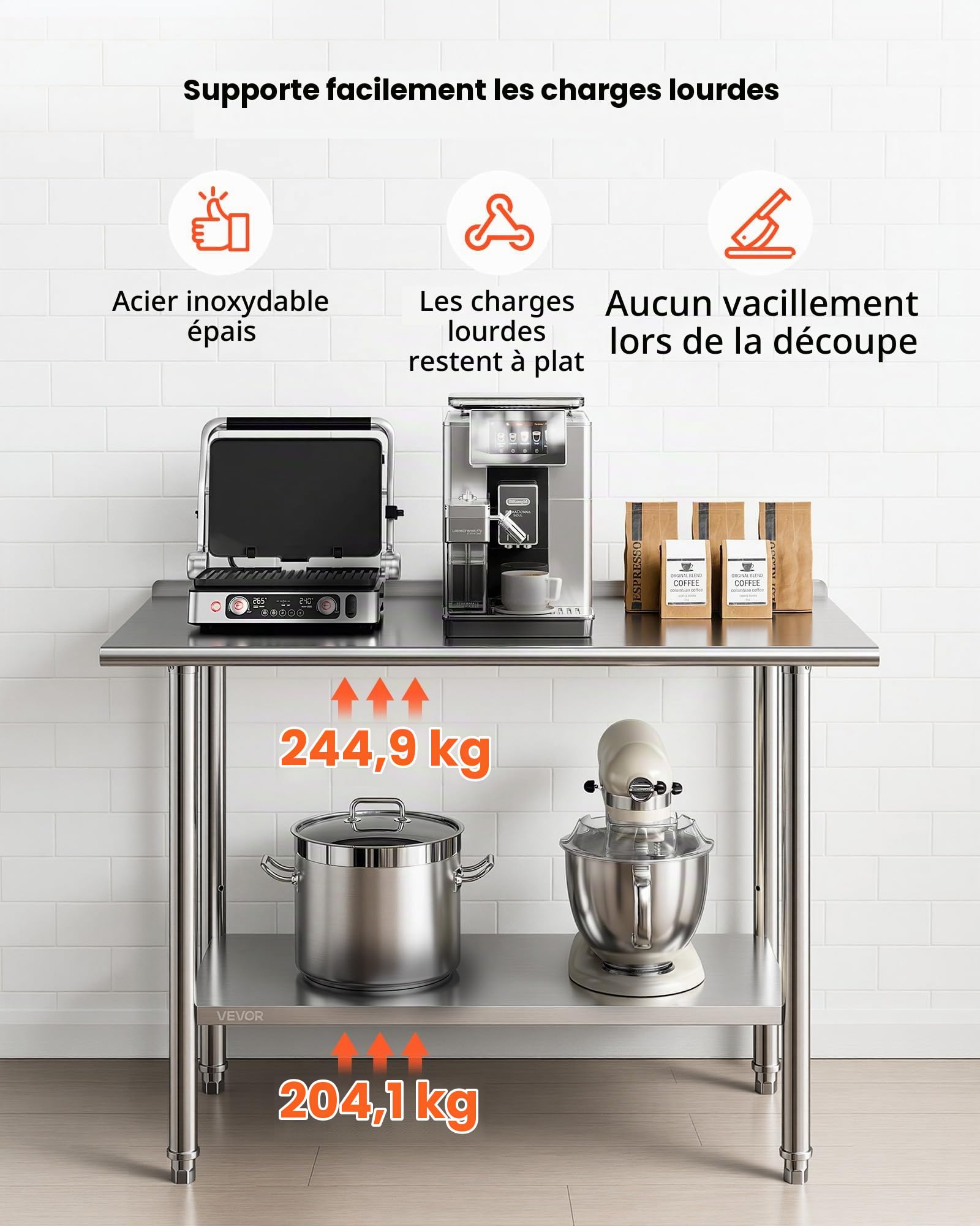 VEVOR Professional Kitchen Work Table, Stainless Steel Central Table 48 x 24 in 2 Levels, for Preparing CHR Cafe Hotel Restaurant Bakery, Stainless Steel Workstation with Backsplash