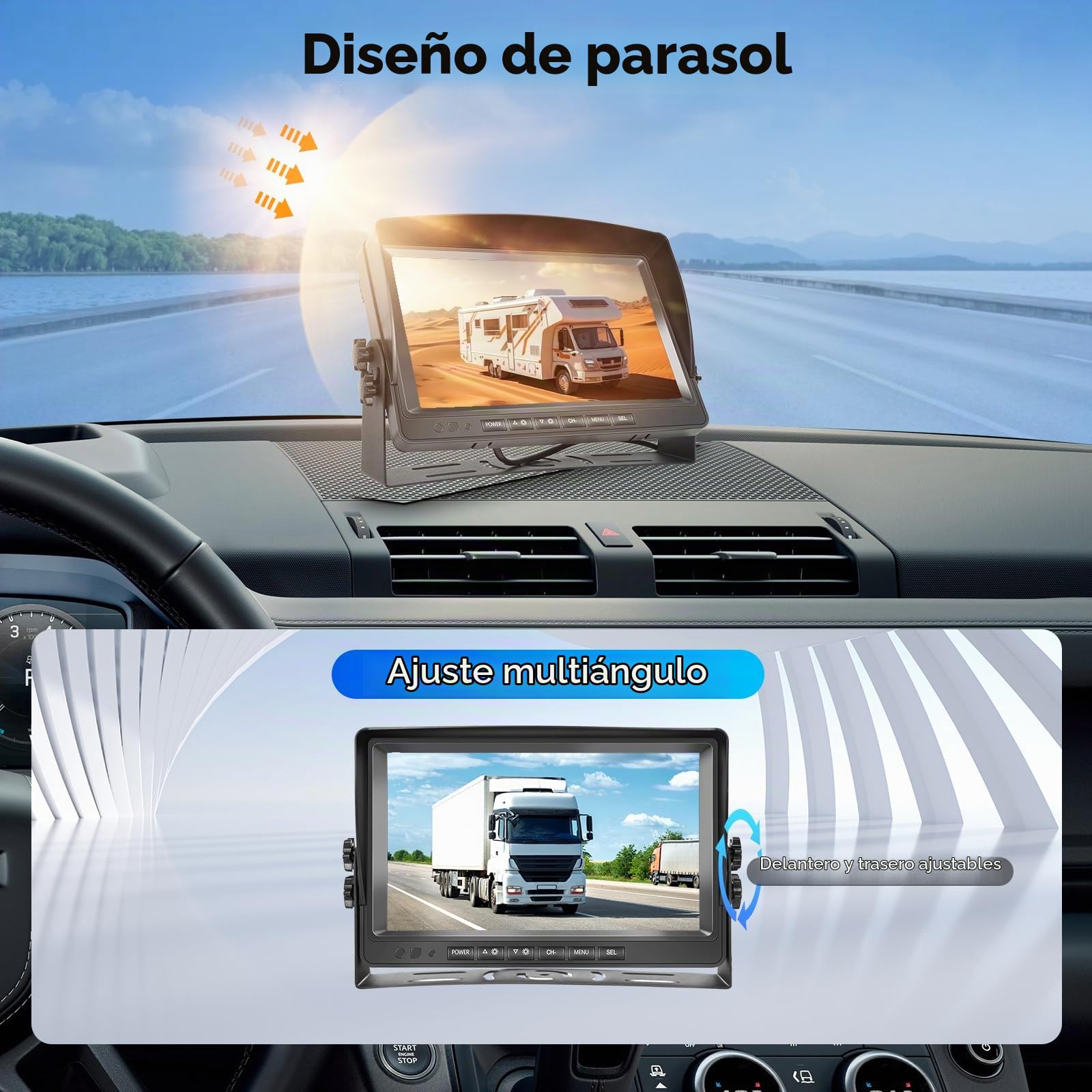 Rimoody Cámara de Visión Trasera 9 Pulgadas Monitor LCD con 2 Cámaras Traseras AHD Resistente al Agua IP69 Visión Nocturna con Cable de 10M para Camionetas Camionetas Autocaravanas pequeñas Caravanas