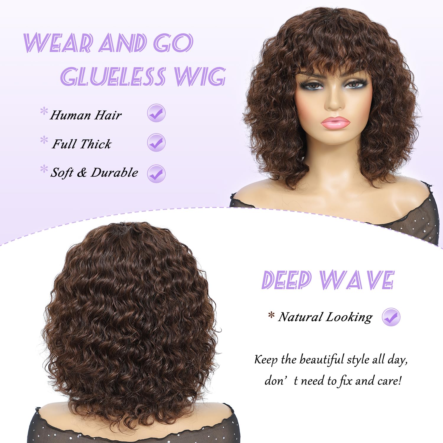 Amazon.com : Curly Wigs with Bangs Human Hair for Black  display picture 1