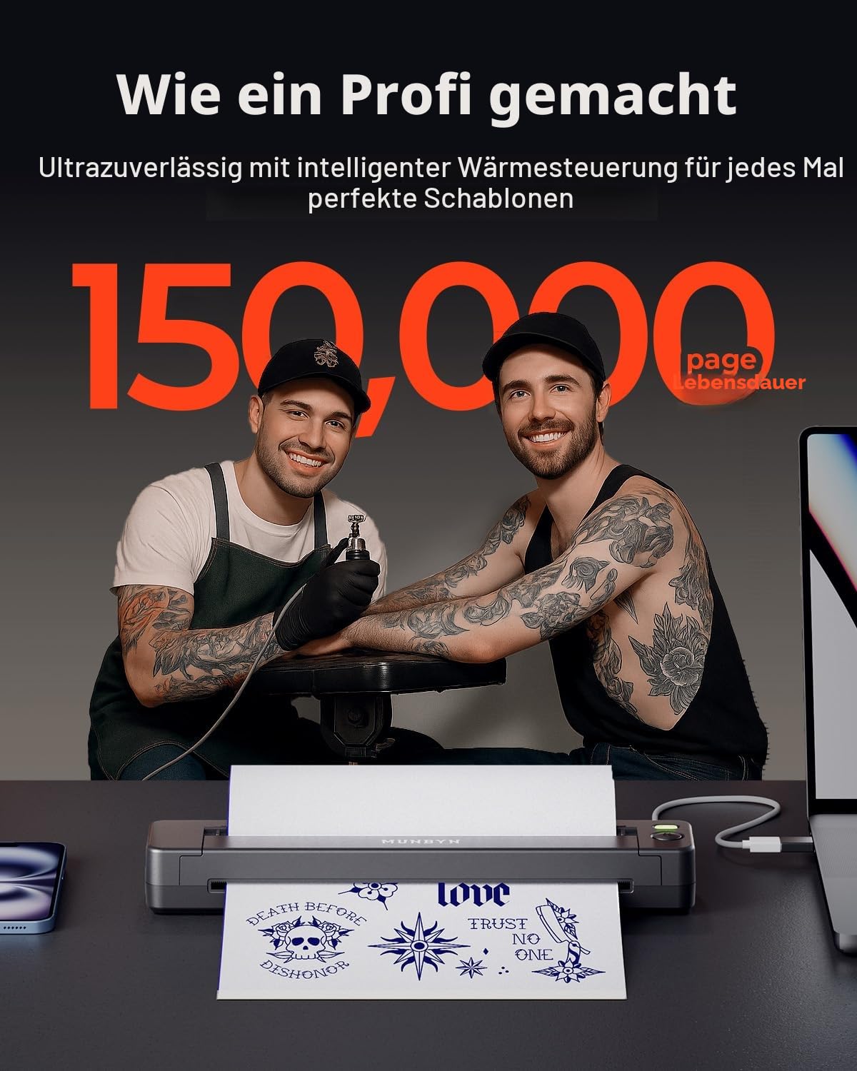 MUNBYN Tattoo Drucker Bluetooth, Stencil Drucker Tattoo Printer, Haut Tattoodrucker Thermodrucker für Anfänger, für Android iOS Mac Windows, mit 20 Blatt Transferpapier, ITP06, Schwarz