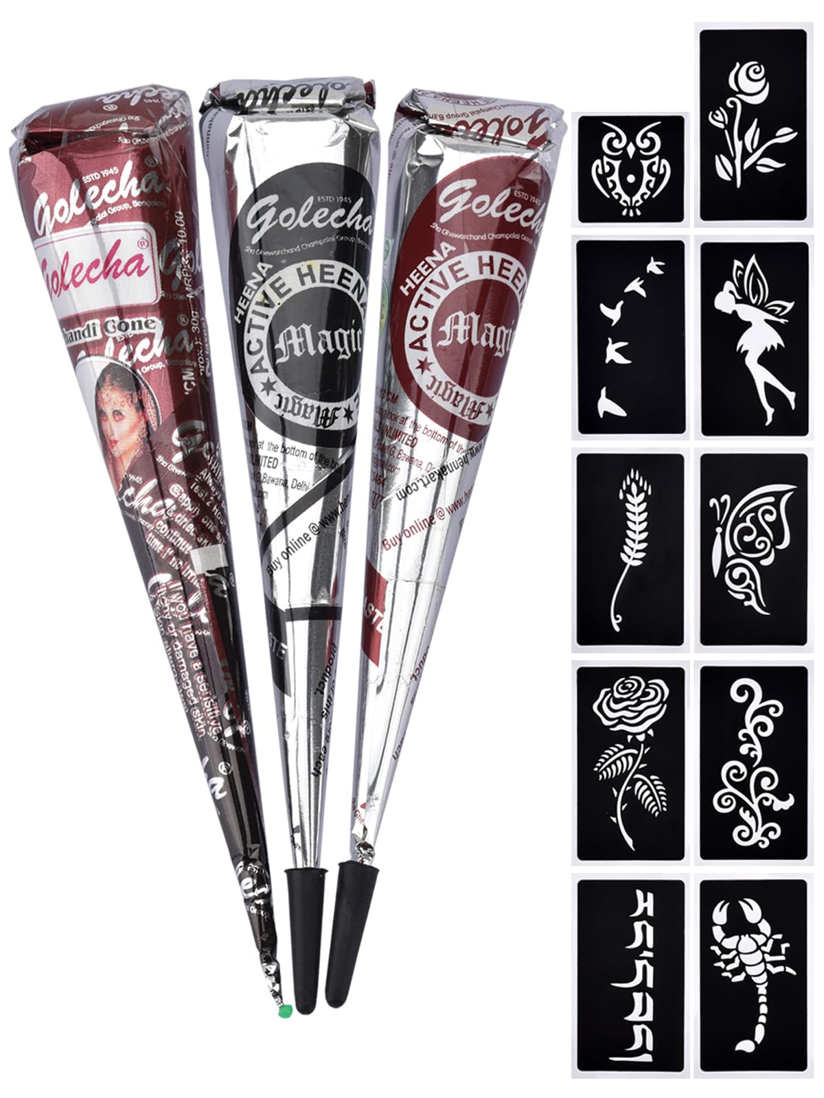 eLander 3x Henna Tattoo Temporäre Tattoo Natürliche + 10x Henna Tattoo Schablone,Temporäre Mehndi Tattoos, Natürliche Kegel, Tattoo sticker, Temporäre Tätowierung (Schwarz, Braun, Rotbraun)