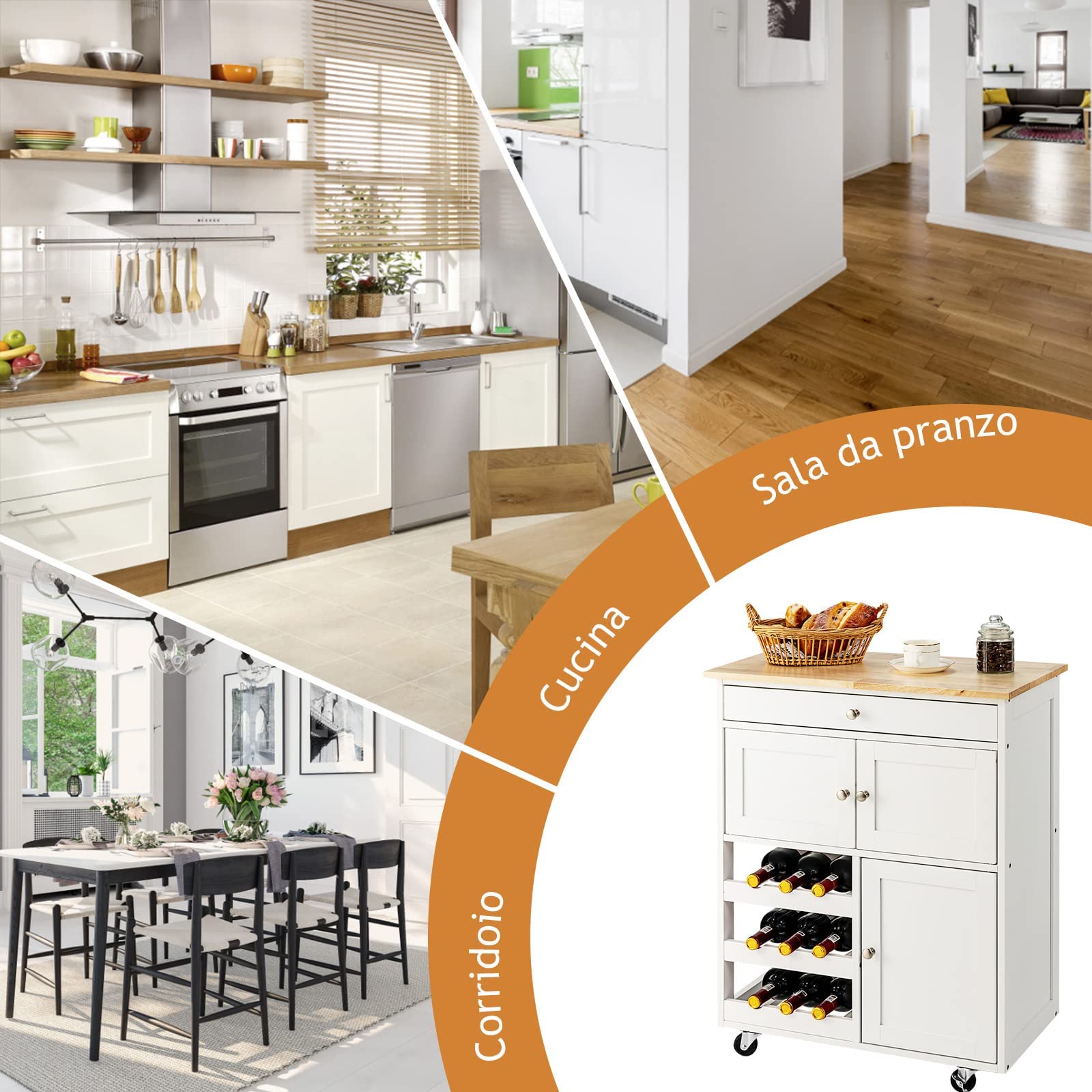 GYMAX Carrello da Cucina, Carrello Portavivande, Credenza da Cucina con Ruote, Cassetti e Portabottiglie, Carrello di Servizio con 3 Ripiani, Carrellino Salvaspazio e Multiuso, in Legno (Bianco)