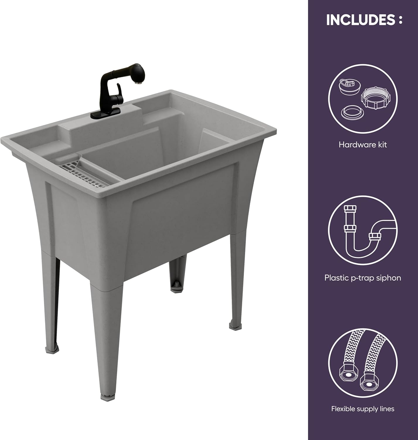 Freestanding Utility Sink with One Handle Black Faucet - 32" Plastic Utility Sink for Garage, Laundry, Indoor and Oudoor Use - Laundry Tub Kit by Noah William Home - Grey (25.6 gal)