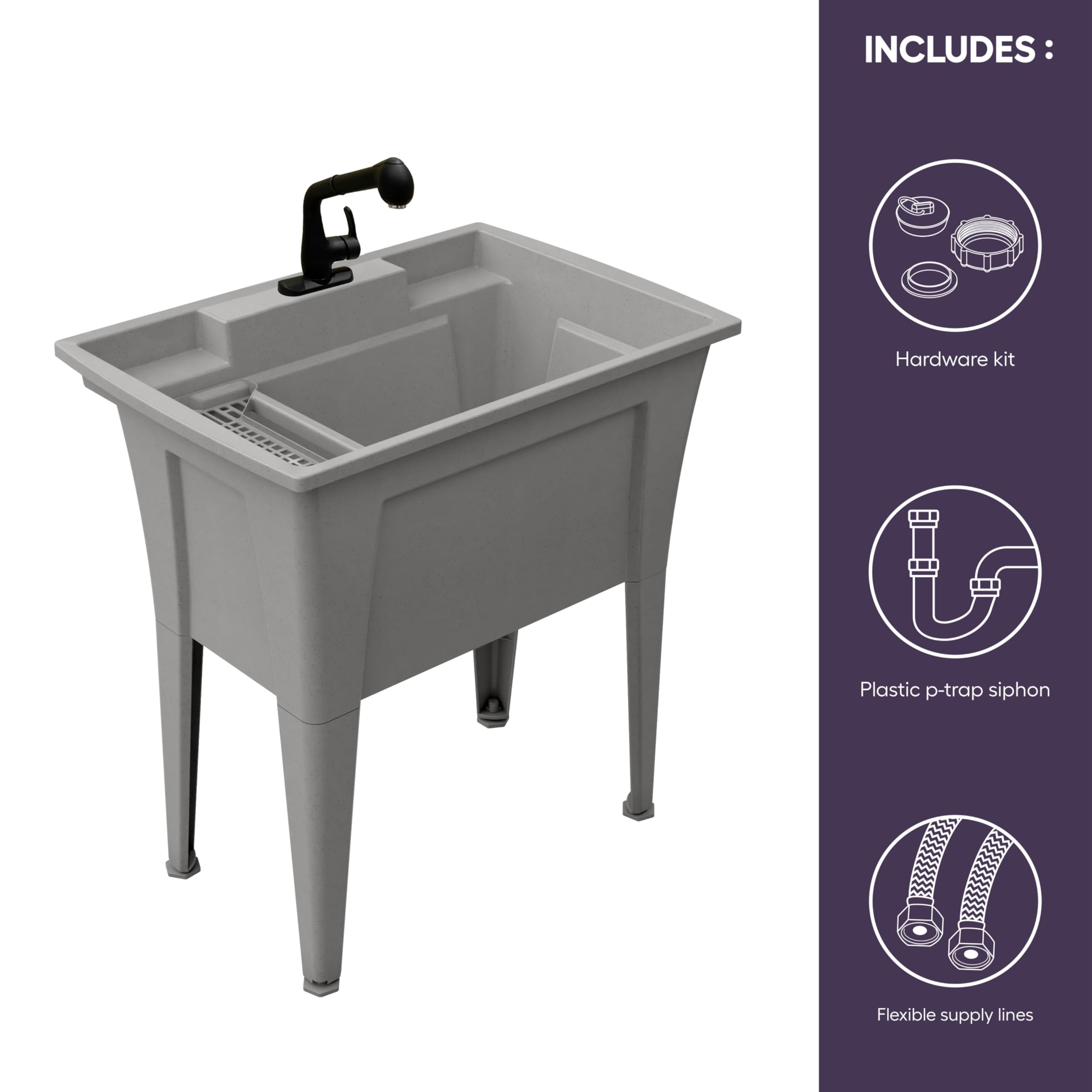 Freestanding Ceramic Utility Sink With Washboard – 28" X 19" X 34.3", Hot/Cold Pull-Out Faucet, Drain Kit, For Laundry Room, Basement & Outdoor