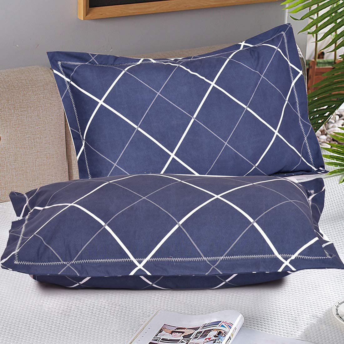 THE HOME STYLE Super Soft Glace Cotton Standard Size Printed Pillow Covers Ll Geometric Pillow Cases Ll Set Of 2 Piece- 18" X 28" Inches(Navy Blue), 400 TC-image-9