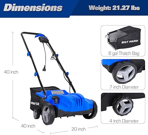 Vista 15 de BILT HARD Escarificador eléctrico de 16 pulgadas, motor de cobre de 15 amperios, ajuste de profundidad de 5 posiciones, bolsa de paja de 14.5