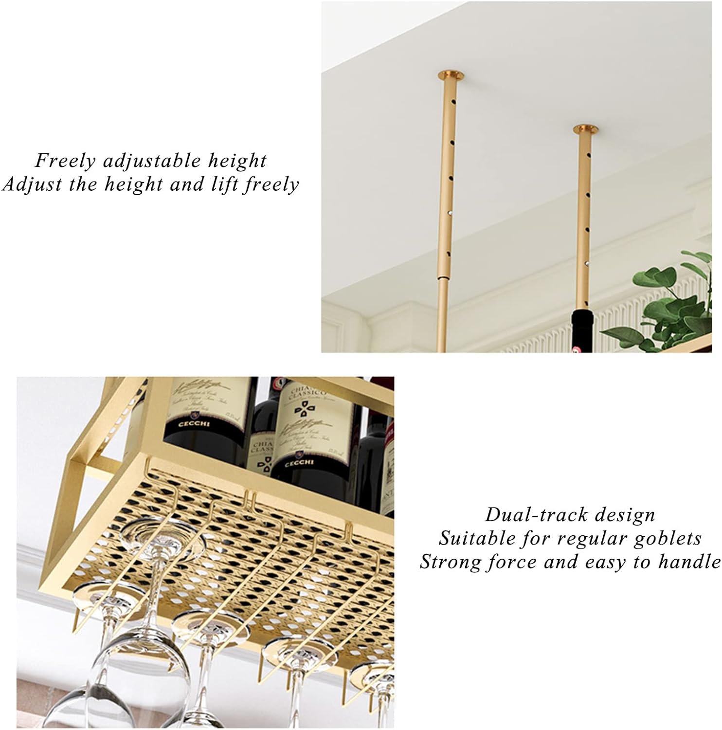 Hanging Wine Rack, Metal Ceiling Bottle Rack, Vintage Display Wine Storage Holder with Stemware Glass Shelf for Under Cabinet, Kitchen, Bar, Adjustable Height,Black,100x25cm Chaser