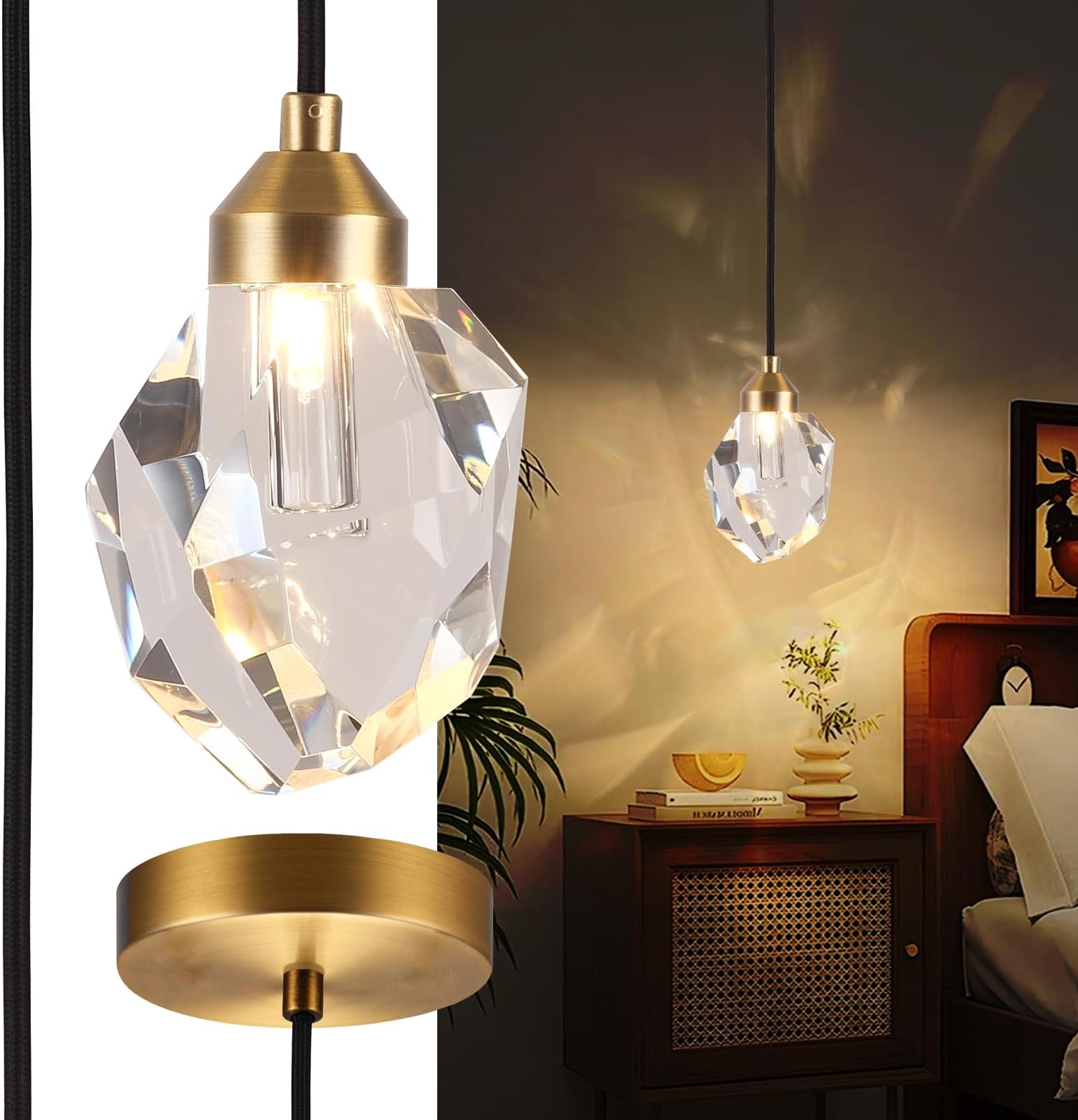 Gold Crystal Pendant Light - Easy Install for Kitchen Island Bedside and Dining Room with 9.2ft Adjustable Cord, Shatterproof K9 Shade