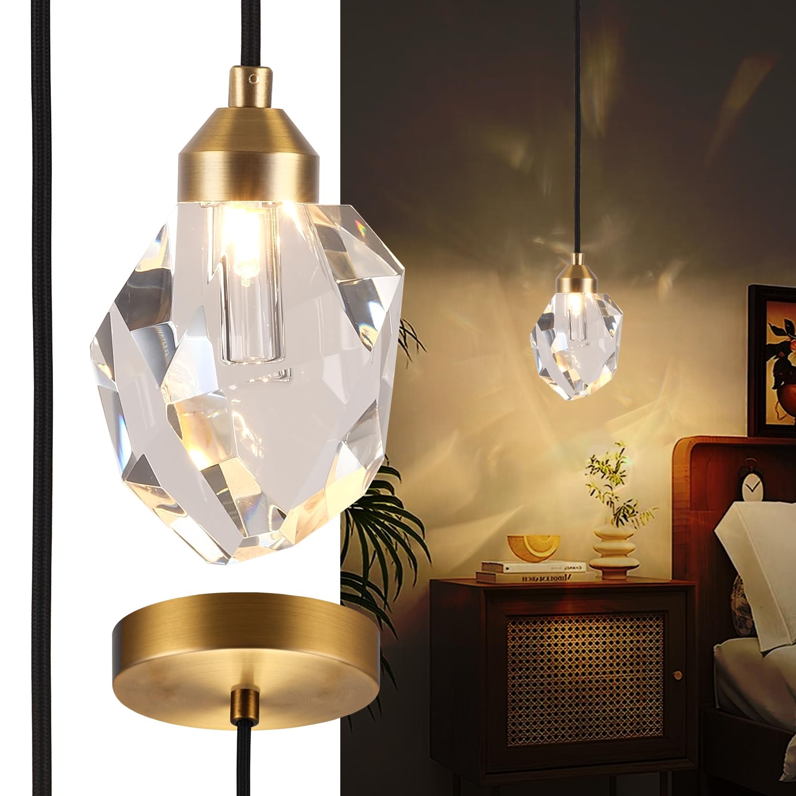 Gold Crystal Pendant Light - Easy Install for Kitchen Island Bedside and Dining Room with 9.2ft Adjustable Cord, Shatterproof K9 Shade