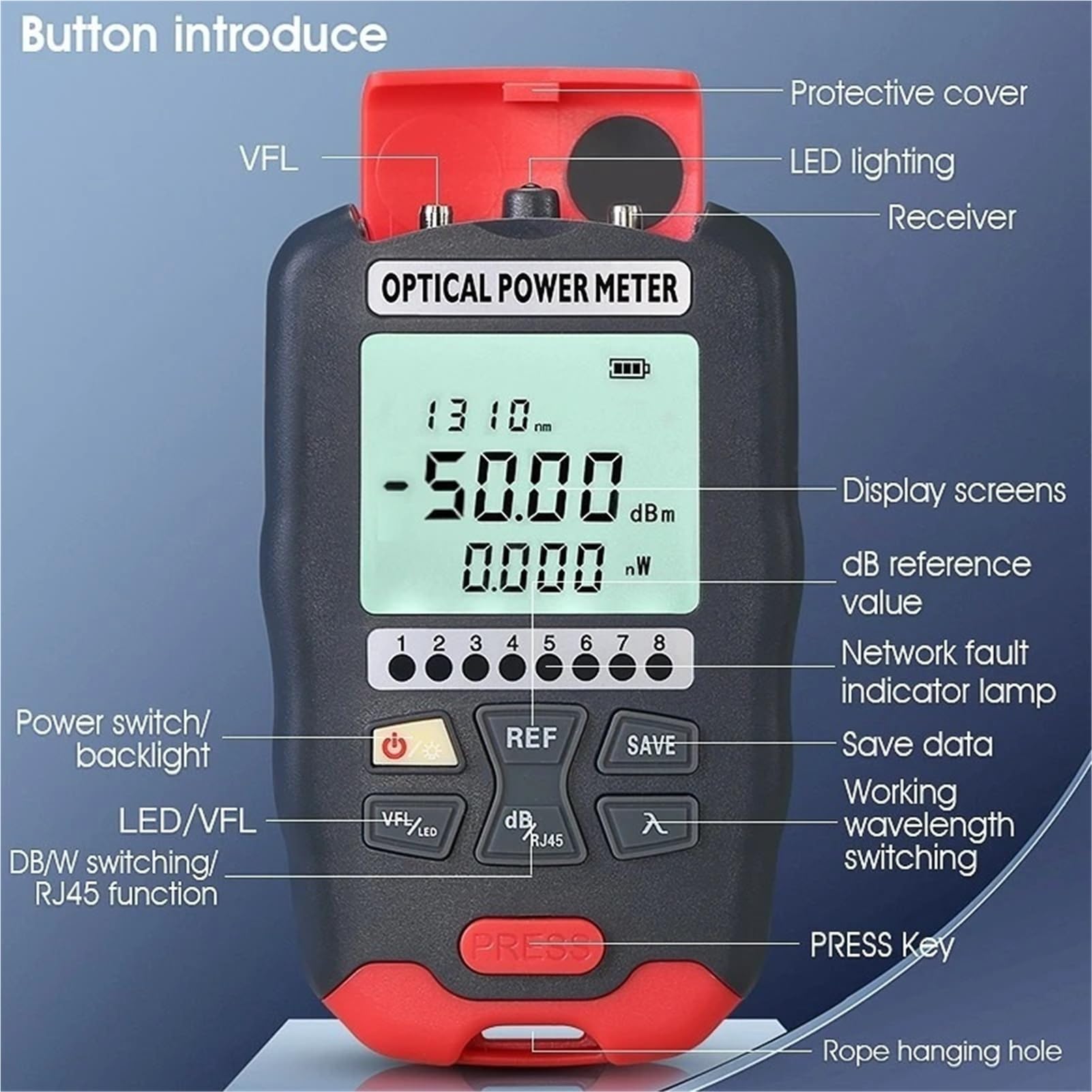 Equipos de Fibra óptica Mini medidor de Potencia óptica (-50 ~ +26 OPM)/Localizador Visual de Fallos (1-50 MW VFL)/Prueba de Red/Probador 4 en 1 con LED,PrecisióN De Prueba(20MW with FC-LC)
