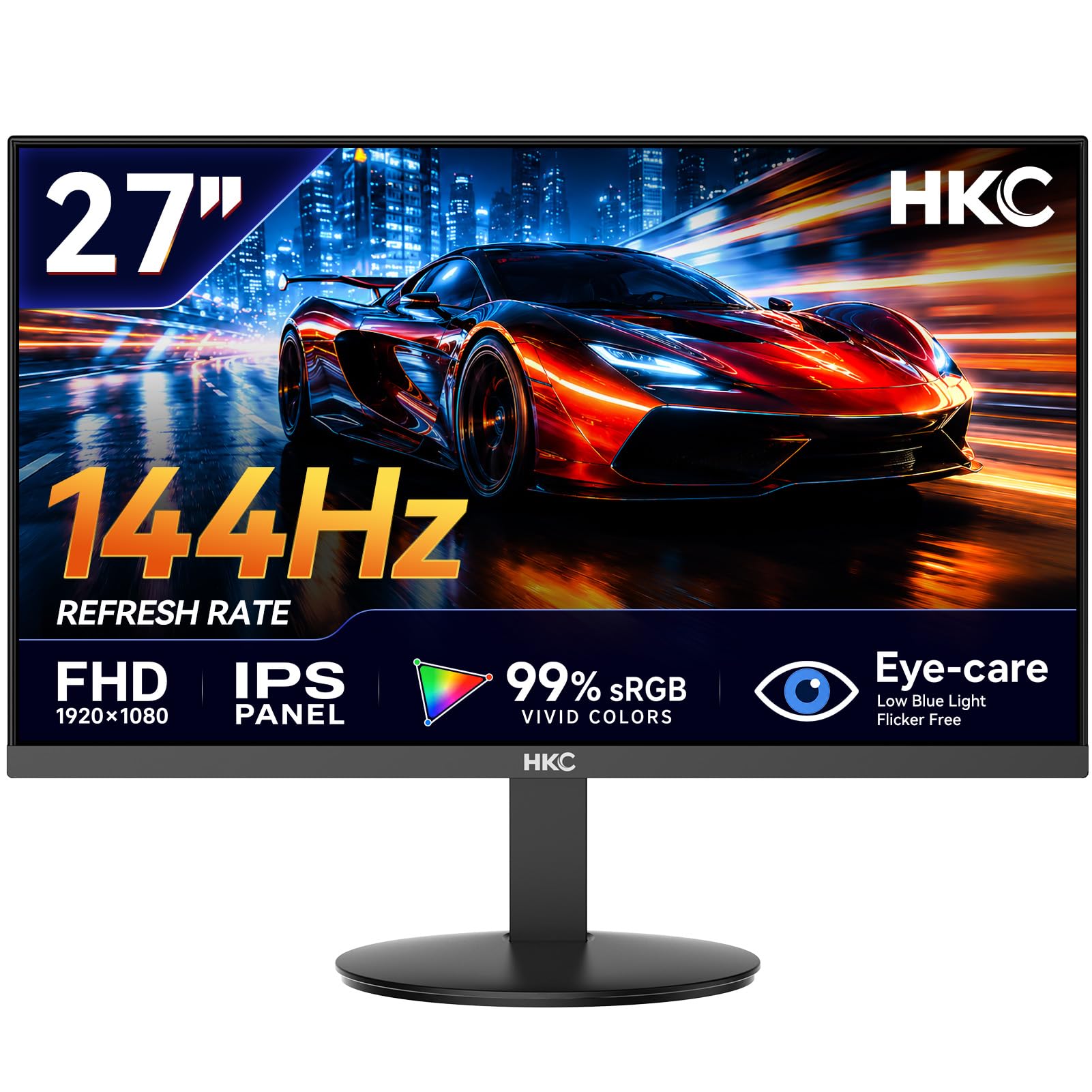 HKC 27 Pouces 144Hz Écran PC Gaming, FHD 1920 x 1080 Gaming Moniteur, Dalle IPS, 5ms, 99% sRGB, Adaptive Sync, Eye Care, Flicker Free, inclinable de -5° à 15°,HDMI 1.4/VGA, VESA 100 x 100mm, V2718S