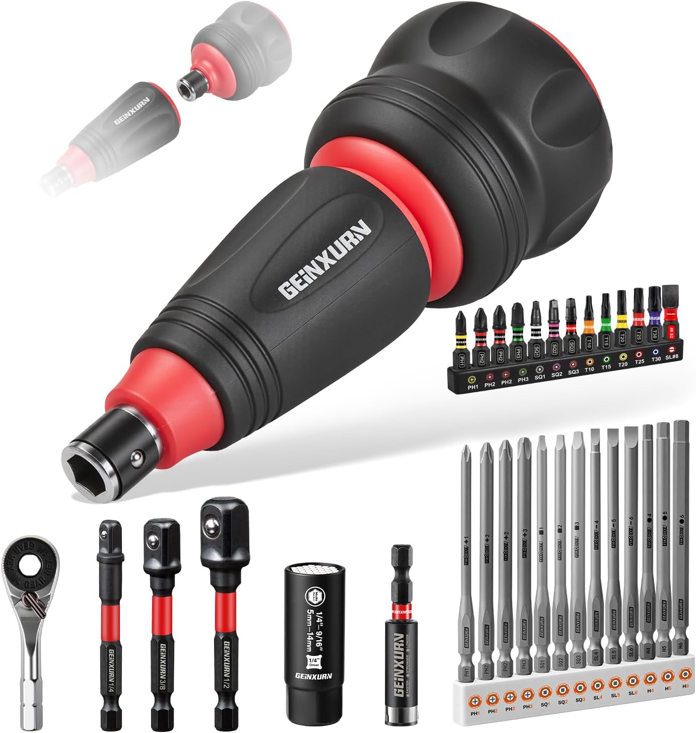 Geinxurn 33Pieces Impact Magnetic Screwdriver Set Include Stubby 2in1 Rachet Screwdriver Handle, Mini Ratchet Socket Wrench, Universal Socket,Bit Holder and Square Adapter for Repair & Outdoor Work