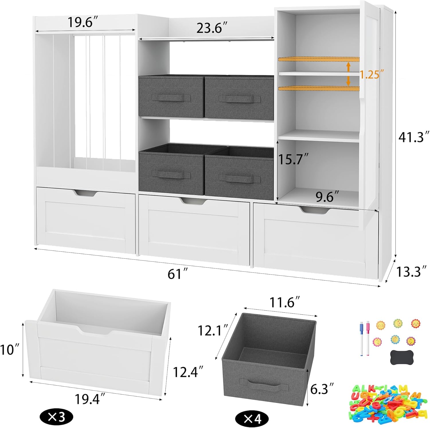 61" W Kids Toy Storage Organizer with Stuffed Animal Storage, 3 Movable Storage Drawers, 4 Removable Storage Bins, Wooden Bookshelf with Magnetic Drawing Board for Kids Room & Playroom, White