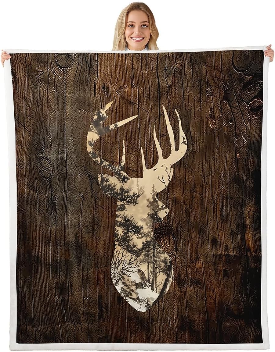 Feelyou Deer Hunting Fleece Throw Blanket for Bed Sofa Couch Kids Throw 50"x60" Antlers Plush Blanket Wild Animal Sherpa Blanket Brown Fuzzy Blanket