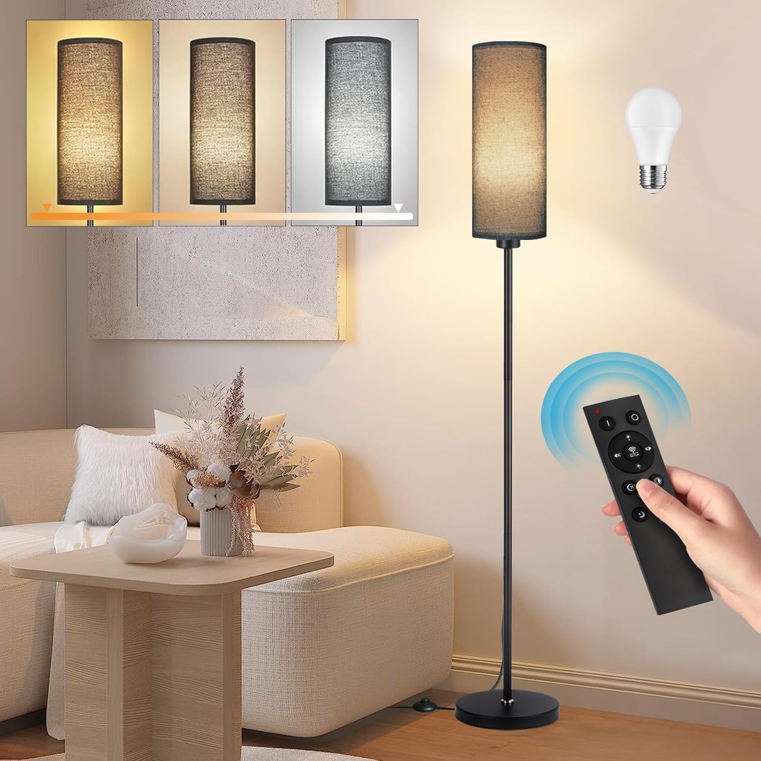 Seruno X Floor Lamp Black Standing Lamp with Remote Control, Dimmable Color Temperatures, 9W Bulb Included, Modern Black Pole Standard Corner Lamp with Foot Switch for Living Room Bedroom Office