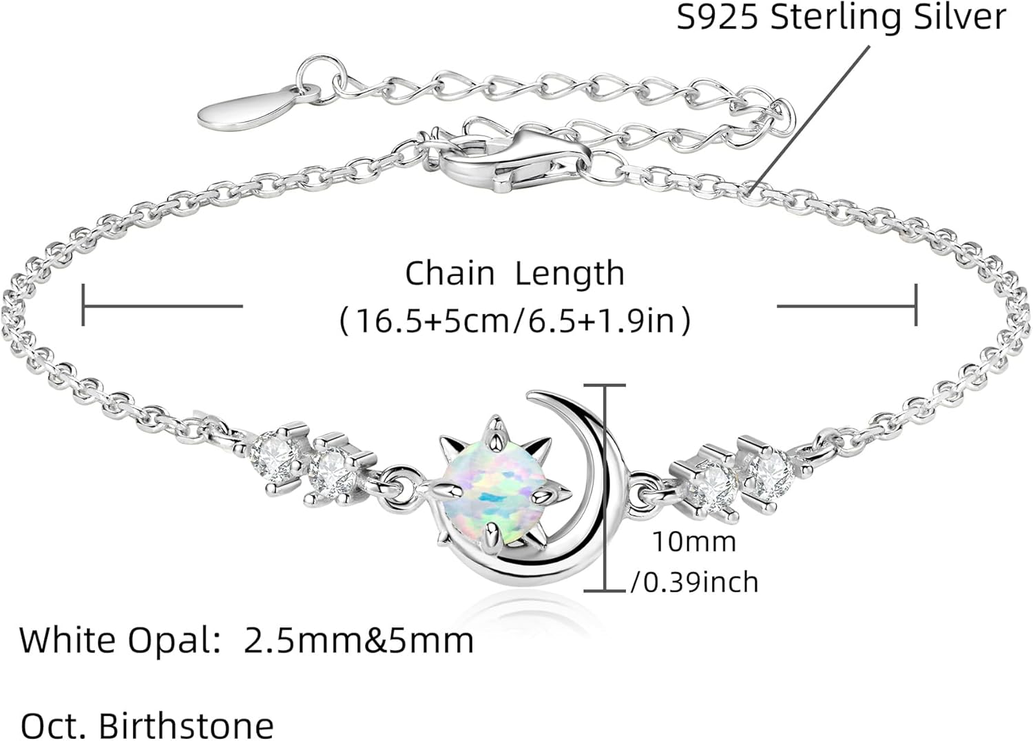 YUNKAI Sterling Silver Opal Bracelet for Women, 6.5"+2" Adjustable Opal Link Bracelet, White/Golden Dainty Hypoallergenic October Birthstone Jewelry Gift for Her