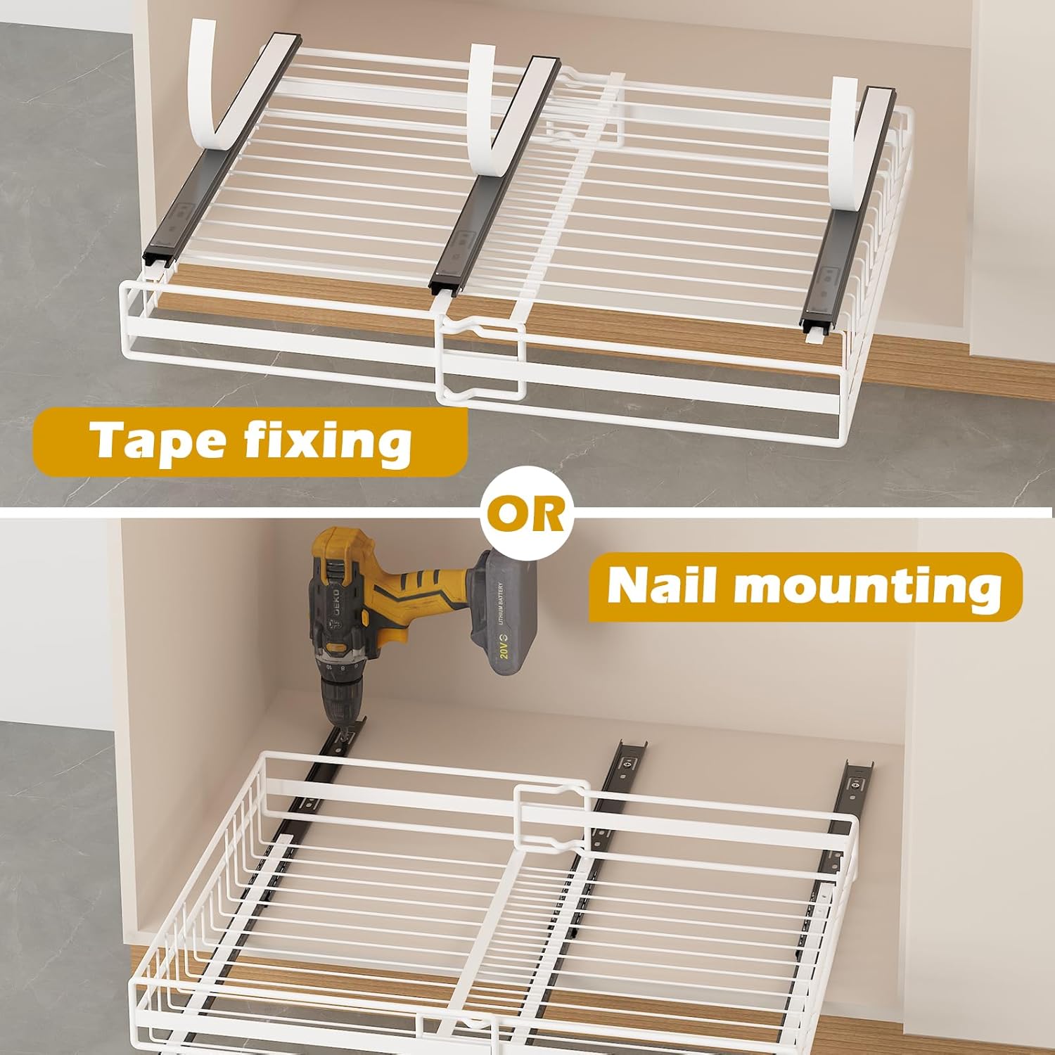 REALINN 2 Pack Pull Out Cabinet Organizer, Expandable(12"-20") Slide Out Drawers 3 Slide Rails Fix with Adhesive or Screw, Roll Out Shelves for Kitchen Cabinet Organization, White, 12cm height