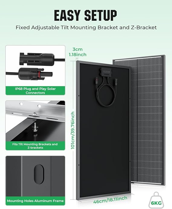 100W Solar Panel, 18BB N-Type 2Pcs 12V/24V 100 Watt Solar Panels