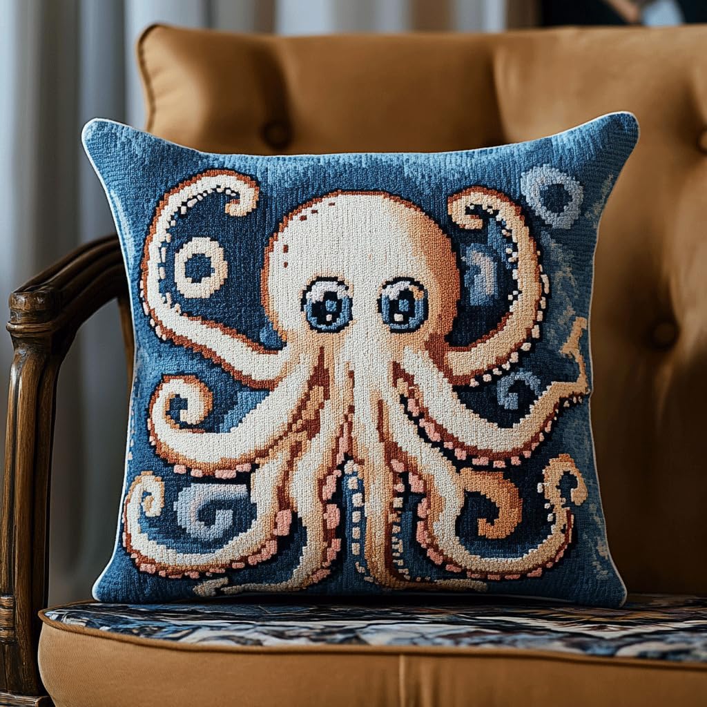 Needlepoint Pillow Kit, Cartoon Octopus Stamped Cross Stitch Pillow Kits Embroidery Pillowcase 11CT Counted Needlepoint Handmade Cushion Cover for Home Decor 18x18inch