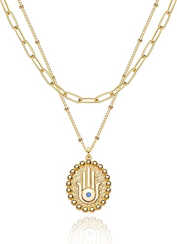 Mevecco - Collar con dije en forma de corazón en niveles, hecho a mano, chapado en oro de 18 quilates, delicado, diseño de flecha, collar largo y en