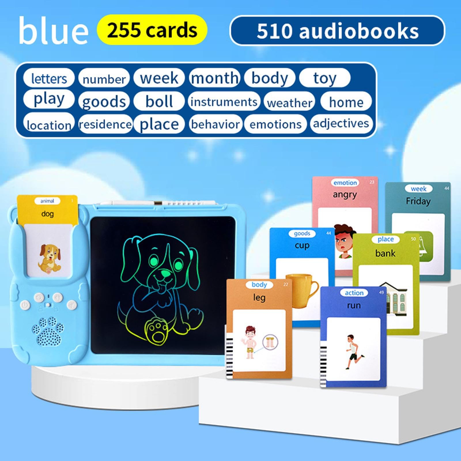 Generic Tavoletta Grafica 2 in 1 con Lavagna per Scrivere E Disegnare, Giocattolo per Bambini Dai 2 Ai 6 Anni. Un'ottima Idea Regalo, Blu con 255 carte, Taglia unica