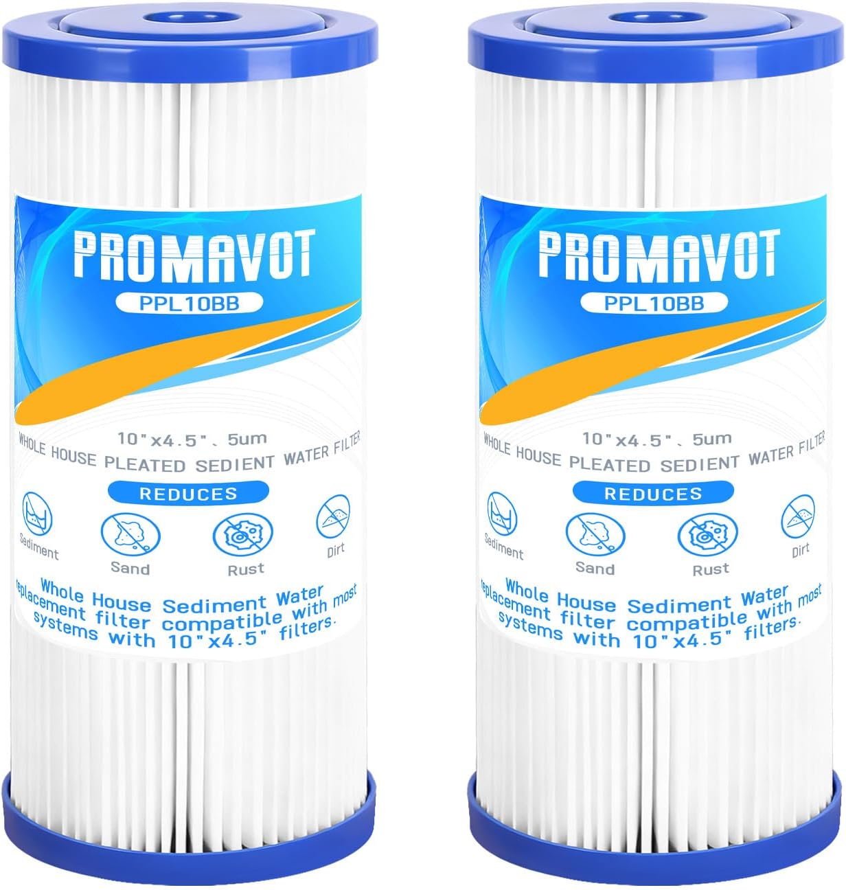 Whole House Sediment Water Filter, 5 Micron 10"x4.5" Pleated Filter Cartridge. Compatible with GE FXHSC, Culligan R50-BBSA, Pentek R50-BB, W50PEHD for Well Water (2 Pack)