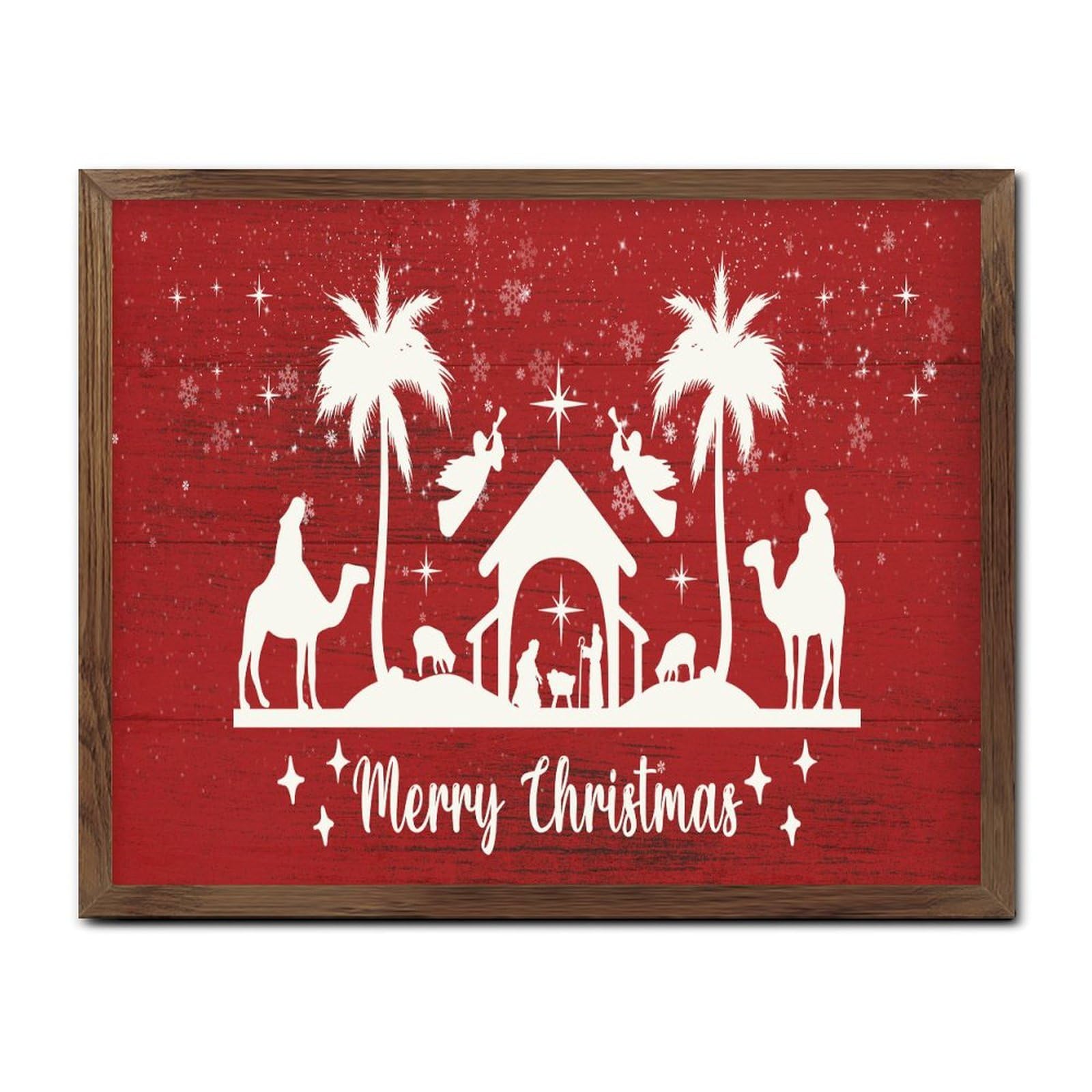 Panneau mural encadré Merry Christmas décoration bois antique Jésus 40x50cm