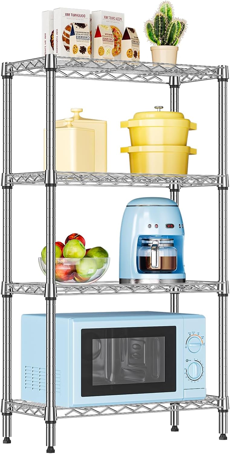 IZEUK 4 Tier Steel Storage Shelves, Heavy Duty Metal Shelf Wire Shelving Rack for Pantry, Kitchen, Living Room, or Office Organization (11.8" D x 25.6" W x 45.5" H, 1000LBS, Chrome) 4 Tier, 11.8" D x 25.6" W x 45.5" H Chrome
