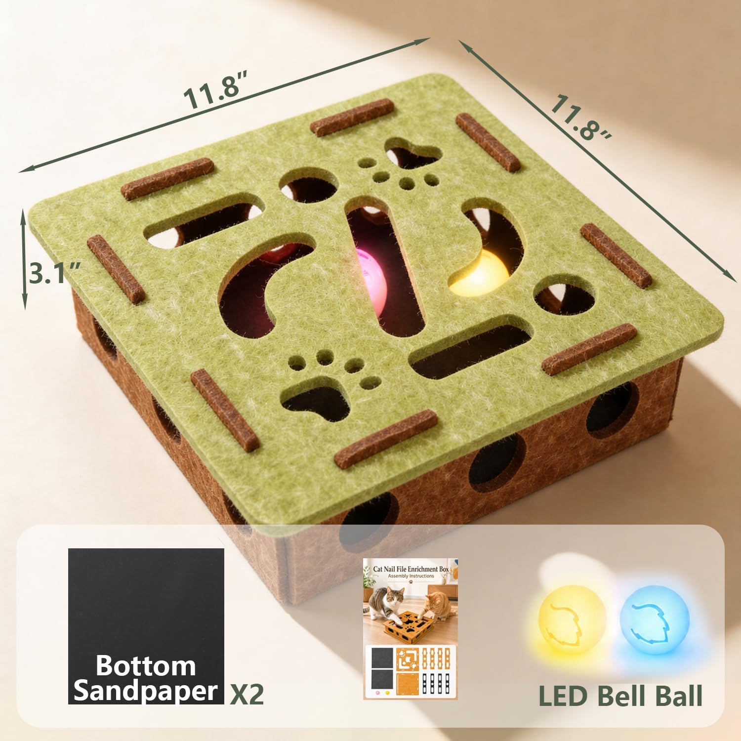 Cat Nail File Scratcher, Scratch Puzzle with Replaceable Sandpaper | LED Flashing Bell Balls, Interactive Treat Puzzle, Natural Nail Filing, Stimulates Hunting Instincts, Cat Puzzle Toys
