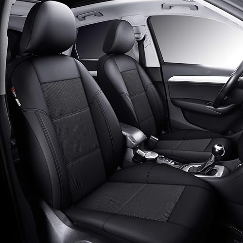 P&J AUTO Funda de asiento de automóvil de cuero y malla, ajuste universal para autos, camiones, camionetas y SUV, compatible con bolsas de aire