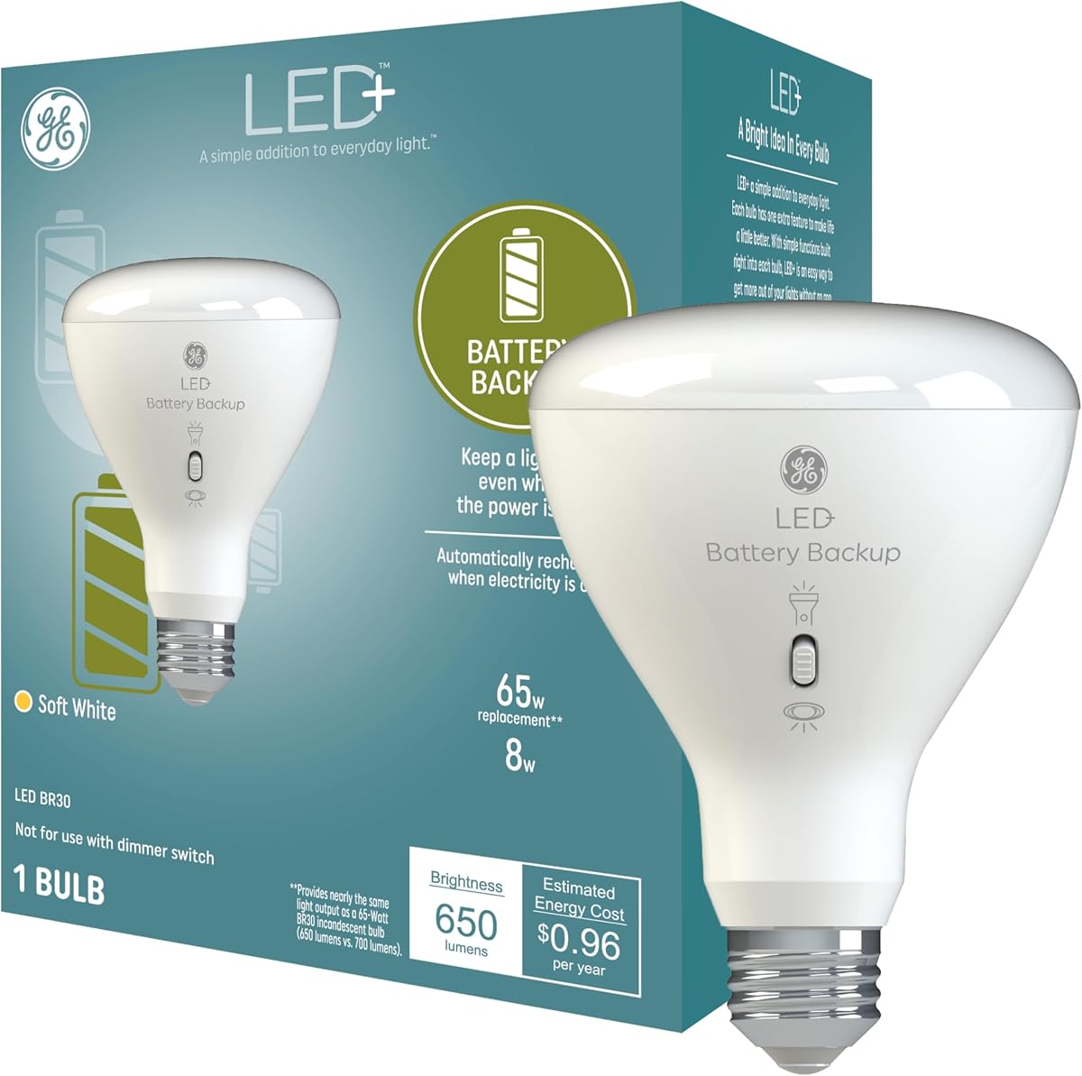 GE Lighting LED+ Backup Battery Indoor Flood Light Bulb, Rechargeable, Soft White, Medium Base (1 Pack)