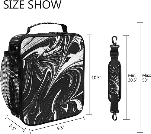 Miniatura 6 de ALAZA Lonchera de mármol fluido de tinta negra y blanca para niñas y niños, bolsa de almuerzo reutilizable, kit de bolsa de almuerzo congelable,