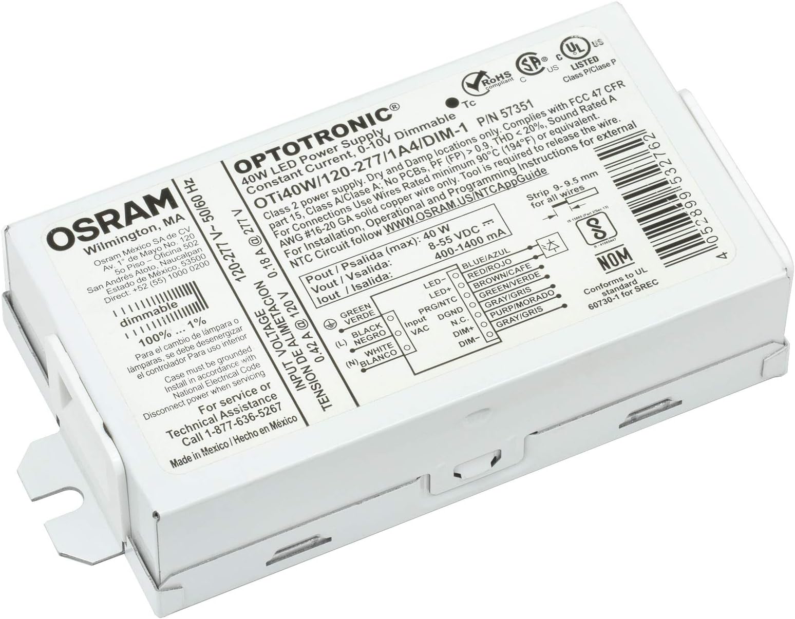 Osram 57351 Optotronic 40W 120/277V AC 50/60Hz Constant Current Dimmable Compact LED Driver OTi 40W/120-277/1A4 DIM-1