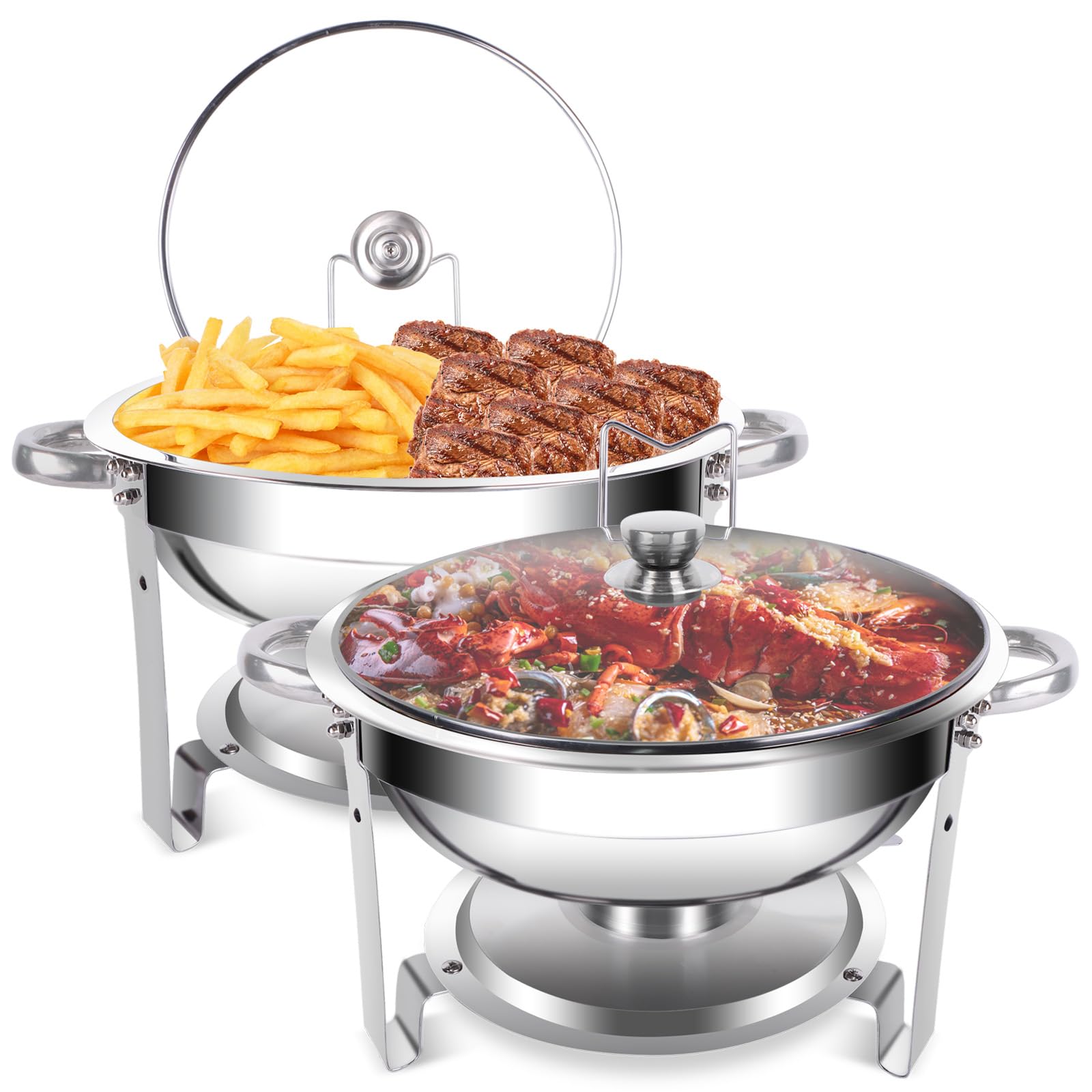 Juego de 2 platos para frotar, 5 cuartos de galón, olla redonda para mantener caliente, con tapa de vidrio y soporte, mantiene la comida caliente para fiestas, catering, boda, camping, cena