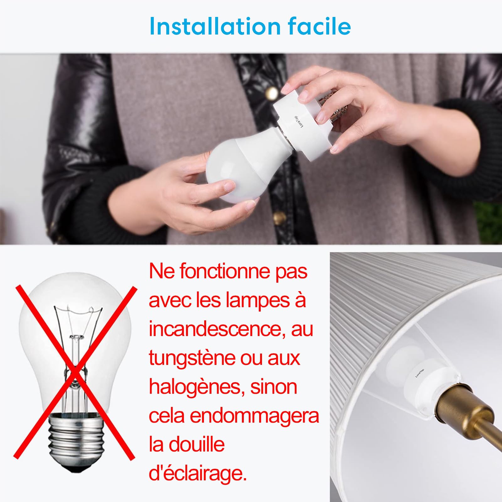 LoraTap Kit Interrupteur Sans Fil, 2x Douilles E27 1x Télécommande, Récepteur Contrôle 30W, Portée 200M, Culot Emetteur (Inclus), Commande à Distance Sans Fil ON/OFF Pour Ampoule E27