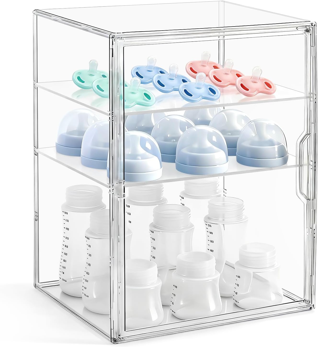 LANLISA Baby Bottle Storage Organizer for Countertop, 3 Tiers Clear Acrylic Bottles Station Organizer, Bottle Storage Container with 2 Removable Dividers