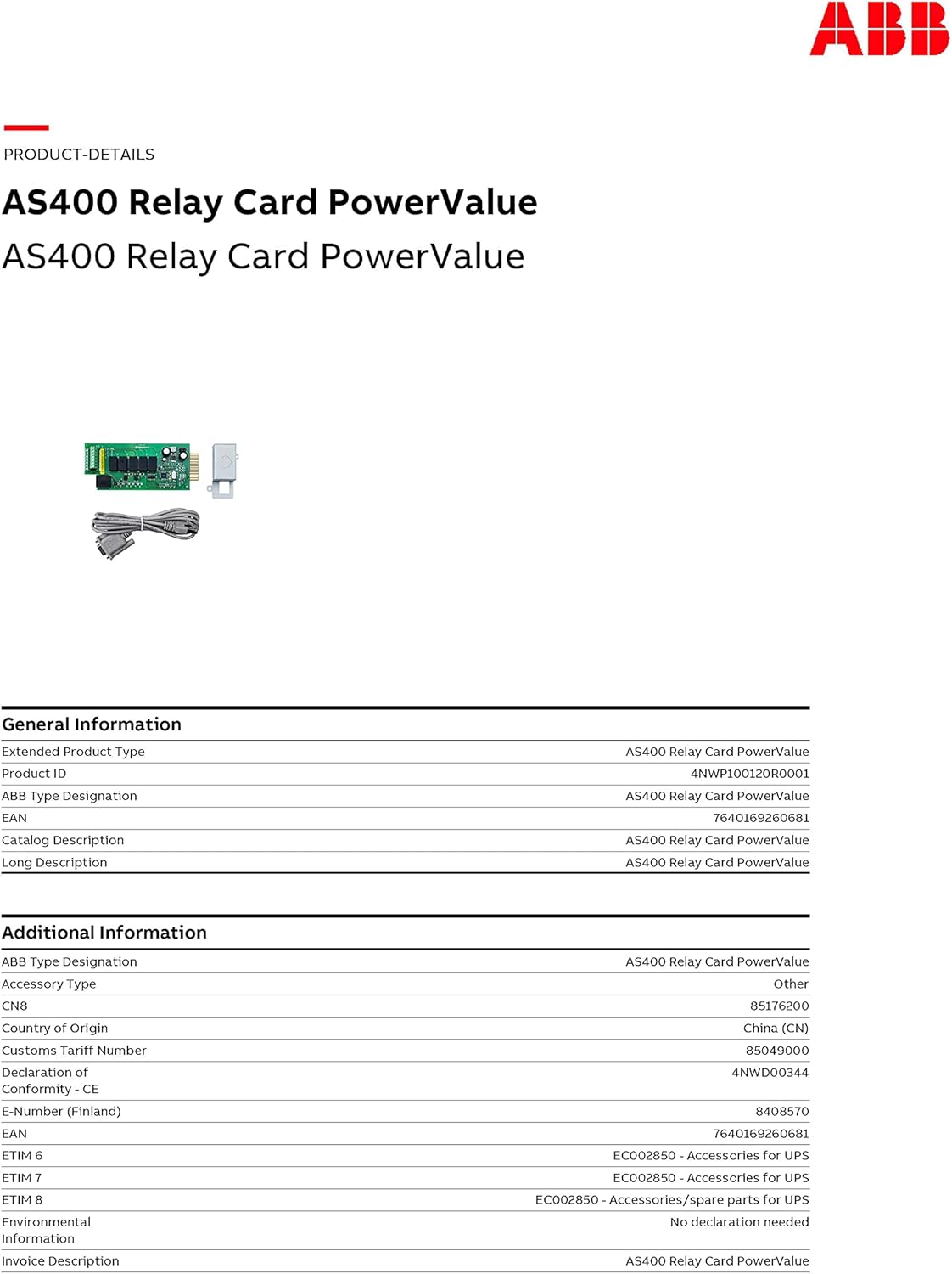 AS400 Relay Card PowerValue 11RT G2 Uninterruptible Power Supply UPS Accessories (4NWP100120R0001)